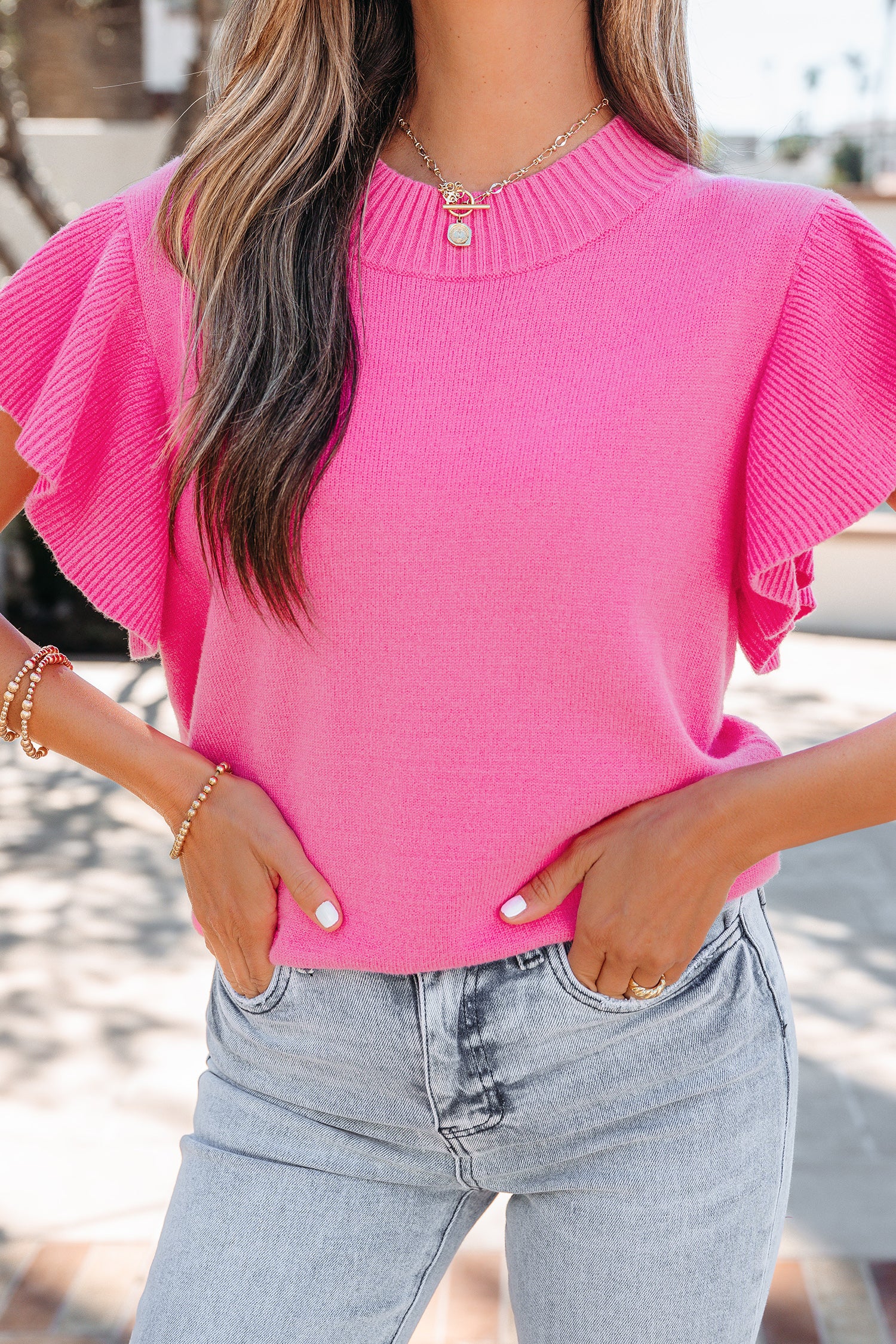 Solid Color Ribbed Trim Round Neck Ruffle Short Sleeve Sweater