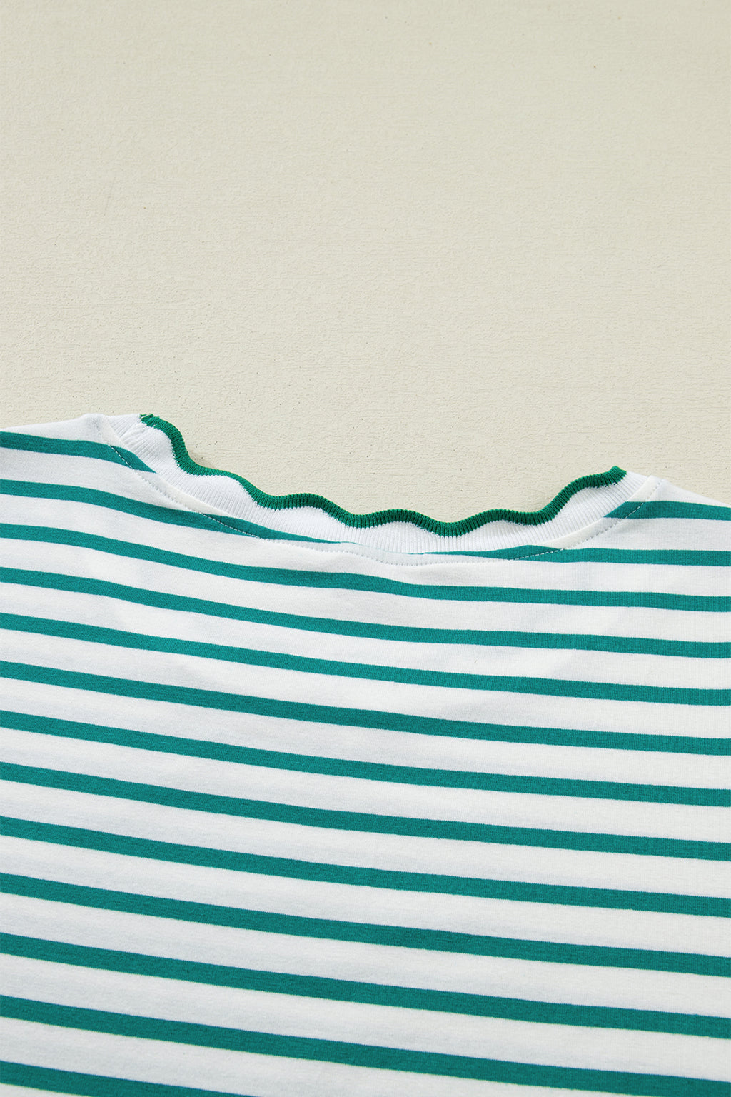 Striped Scalloped Trim Round Neck T Shirt
