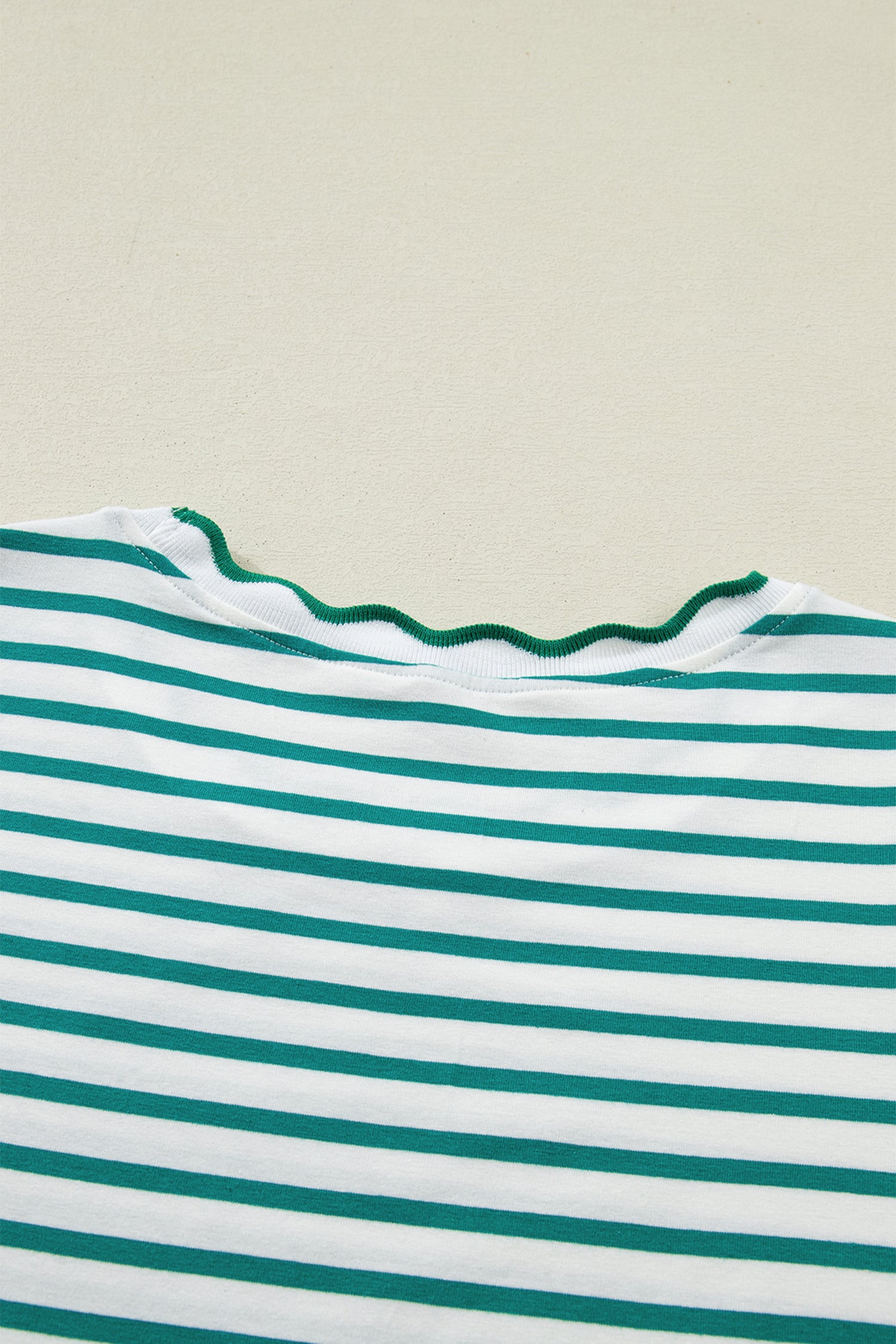 Striped Scalloped Trim Round Neck T Shirt