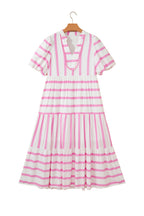 Pink Stripe Ricrac Trim Notched Neck Half Sleeve Vacation Dress