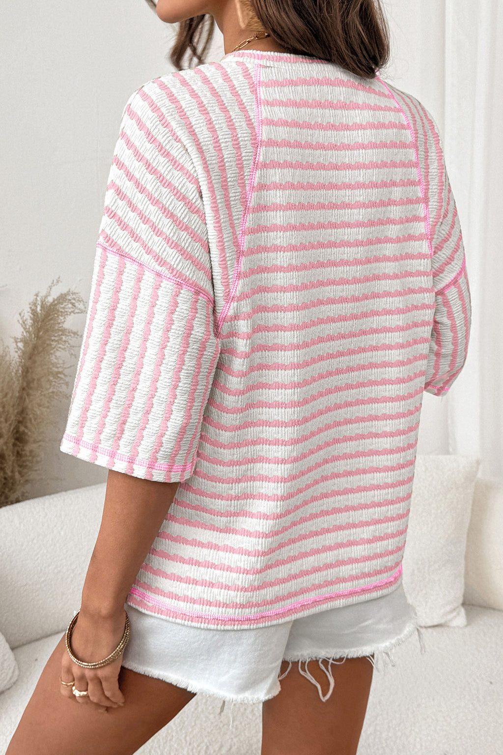 Striped Textured Knit Split Hem Half Sleeve Loose Top