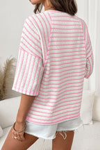 Striped Textured Knit Split Hem Half Sleeve Loose Top