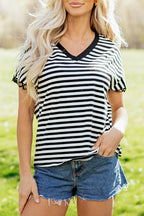 Black Striped Print V Neck Delicate Trim Casual Tee