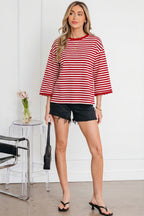 Striped Print Drop Shoulder Lace Trim Bracelet Sleeve Loose Top