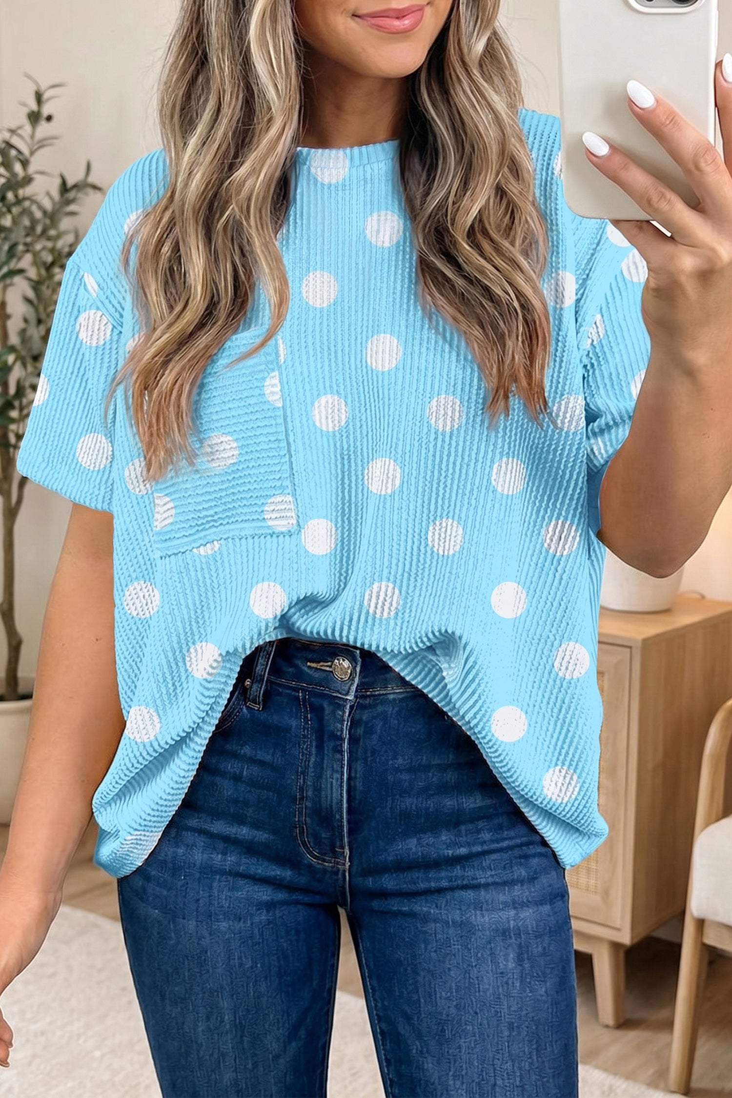 Polka Dot Round Neck Drop Shoulder Patch Pocket Jacquard Texture Top