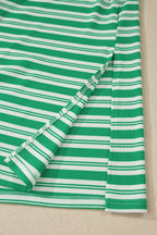 Green Stripe Collared V Neck Short Sleeve T Shirt Midi Dress with Pockets