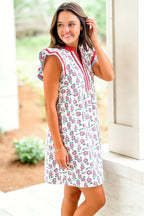Floral Print Contrast Trim Flutter Sleeve Mini Dress