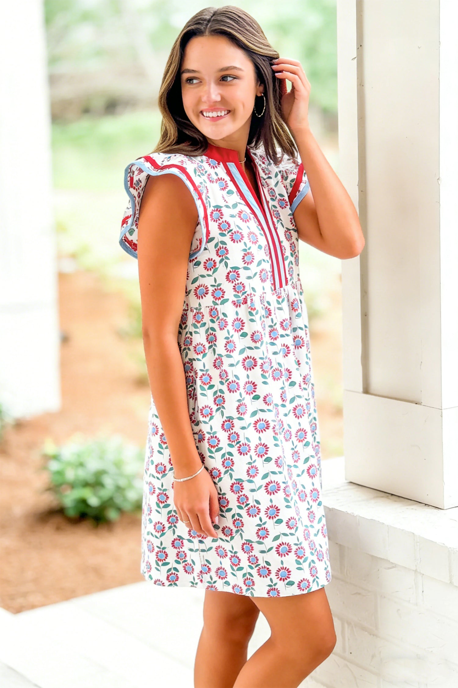 Floral Print Contrast Trim Flutter Sleeve Mini Dress