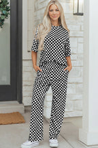 Checkered Print Half Sleeve Tee 2pcs Lounge Pant Set