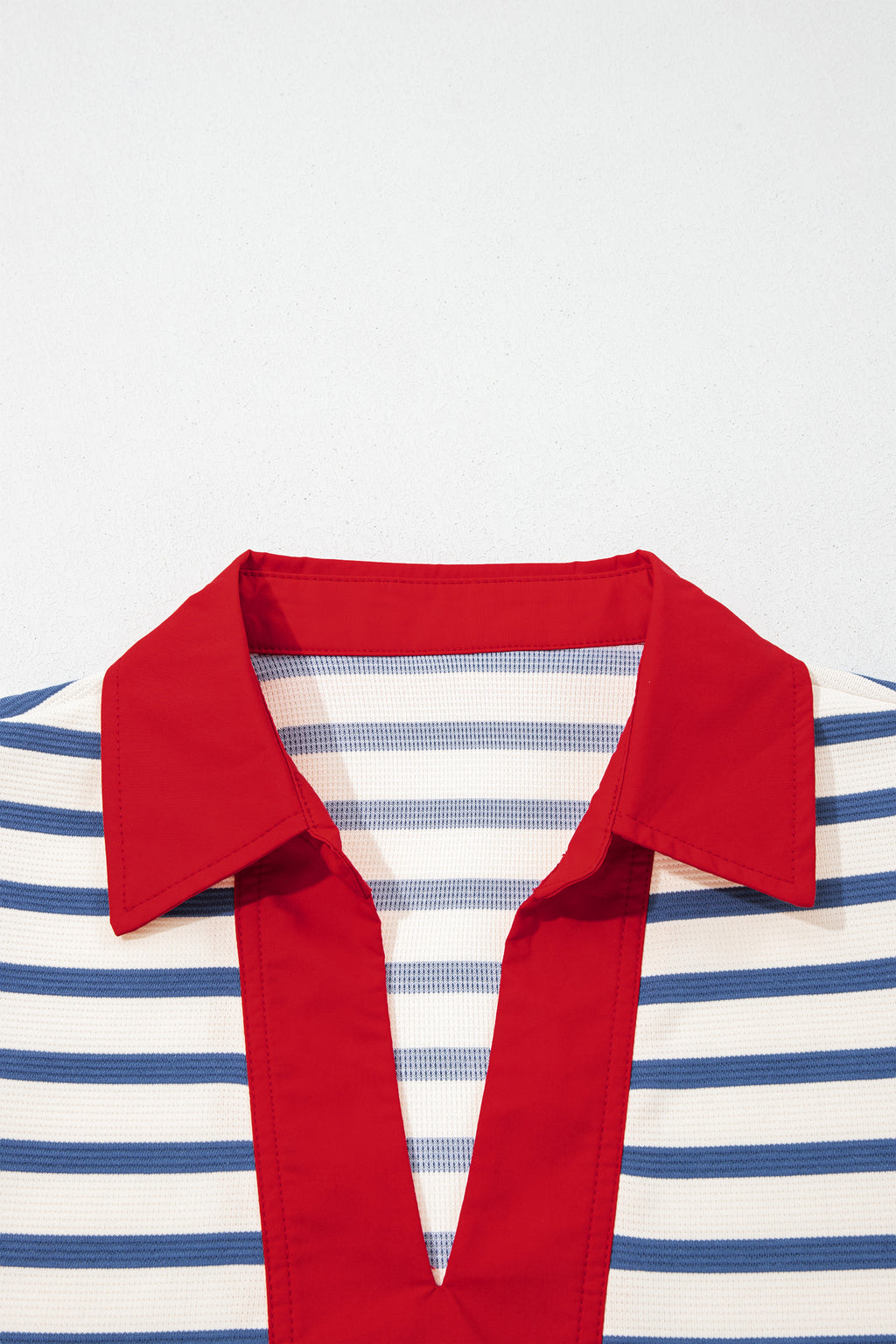 Striped Short Puff Sleeve Colour Block Polo Collar Blouse