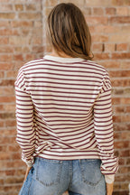 Red Dahlia Striped Print Drop Shoulder Long Sleeve Henley Top