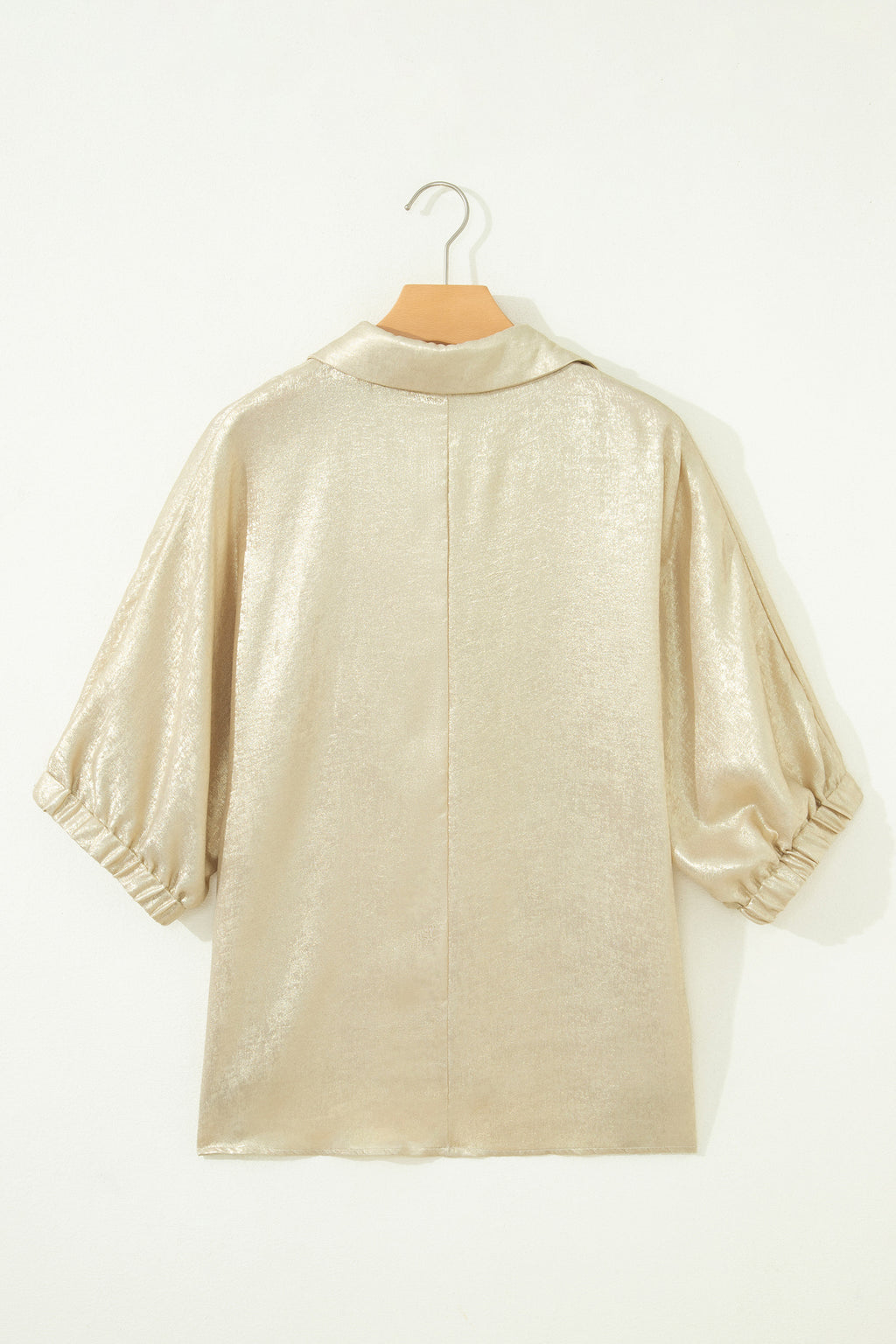 Collared V Neck Half Sleeve Metallic Top