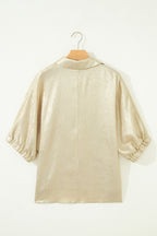 Collared V Neck Half Sleeve Metallic Top