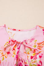 Pink Floral Print Tie Neck Puffy Half Sleeve Blouse