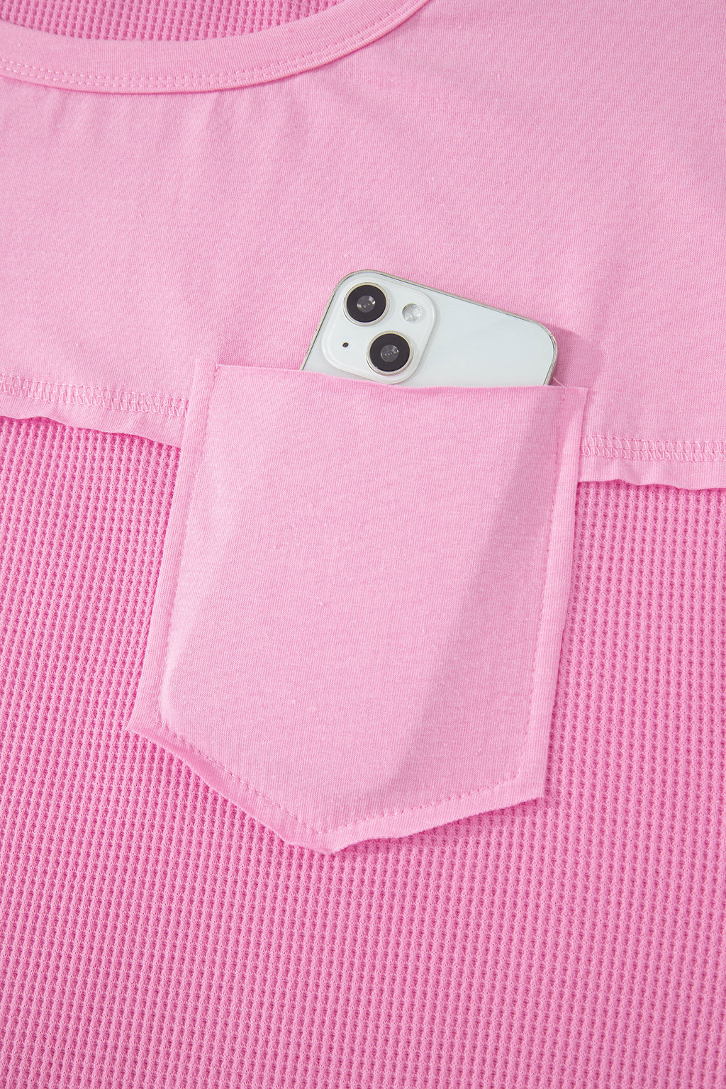 Solid Coluor Raw Seam Waffled Patchwork Casual T Shirt