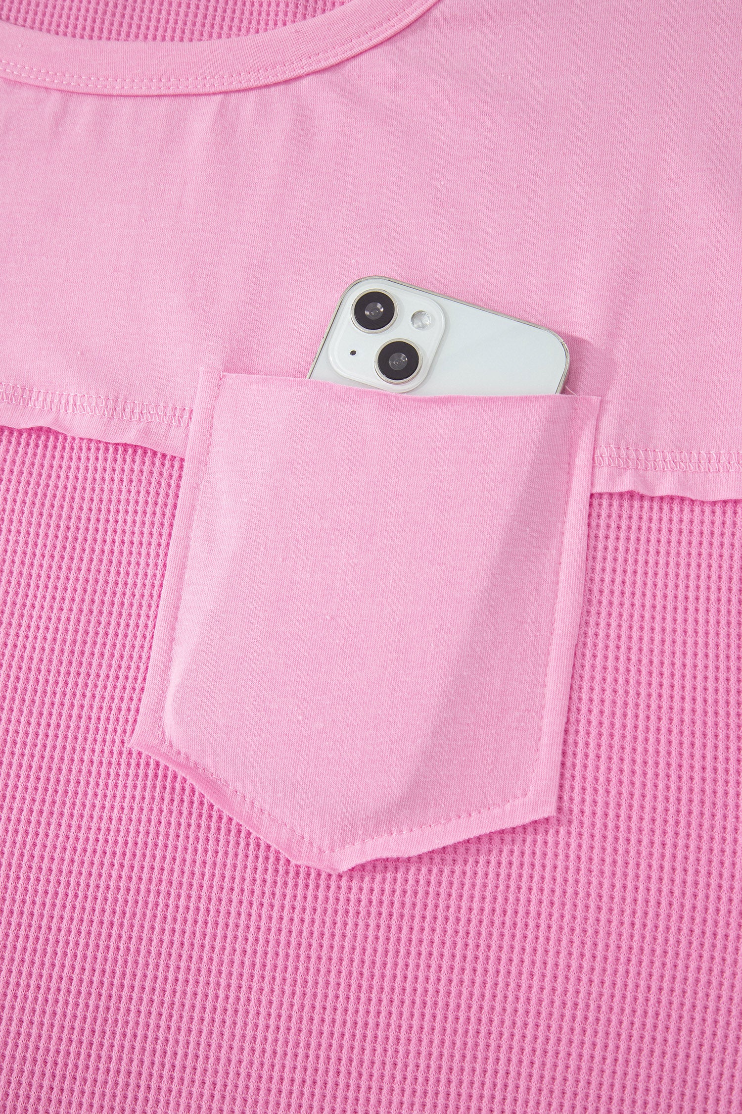 Solid Coluor Raw Seam Waffled Patchwork Casual T Shirt