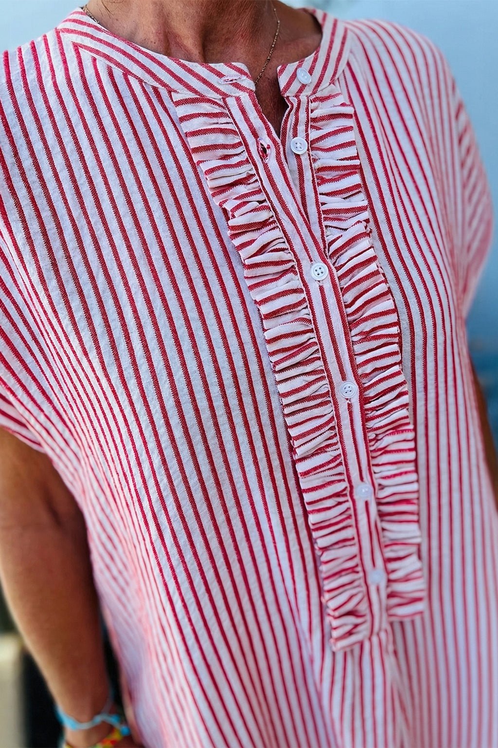 Striped Frilled Detail Half Buttons Short Sleeve Long Dress