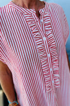 Striped Frilled Detail Half Buttons Short Sleeve Long Dress