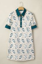 Blue Geometric Floral Print Lace Trim Collared Short Sleeve Mini Dress