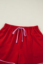 Fiery Red Contrast Trim Ribbon Bow Short Silky 2pcs Pyjama Set