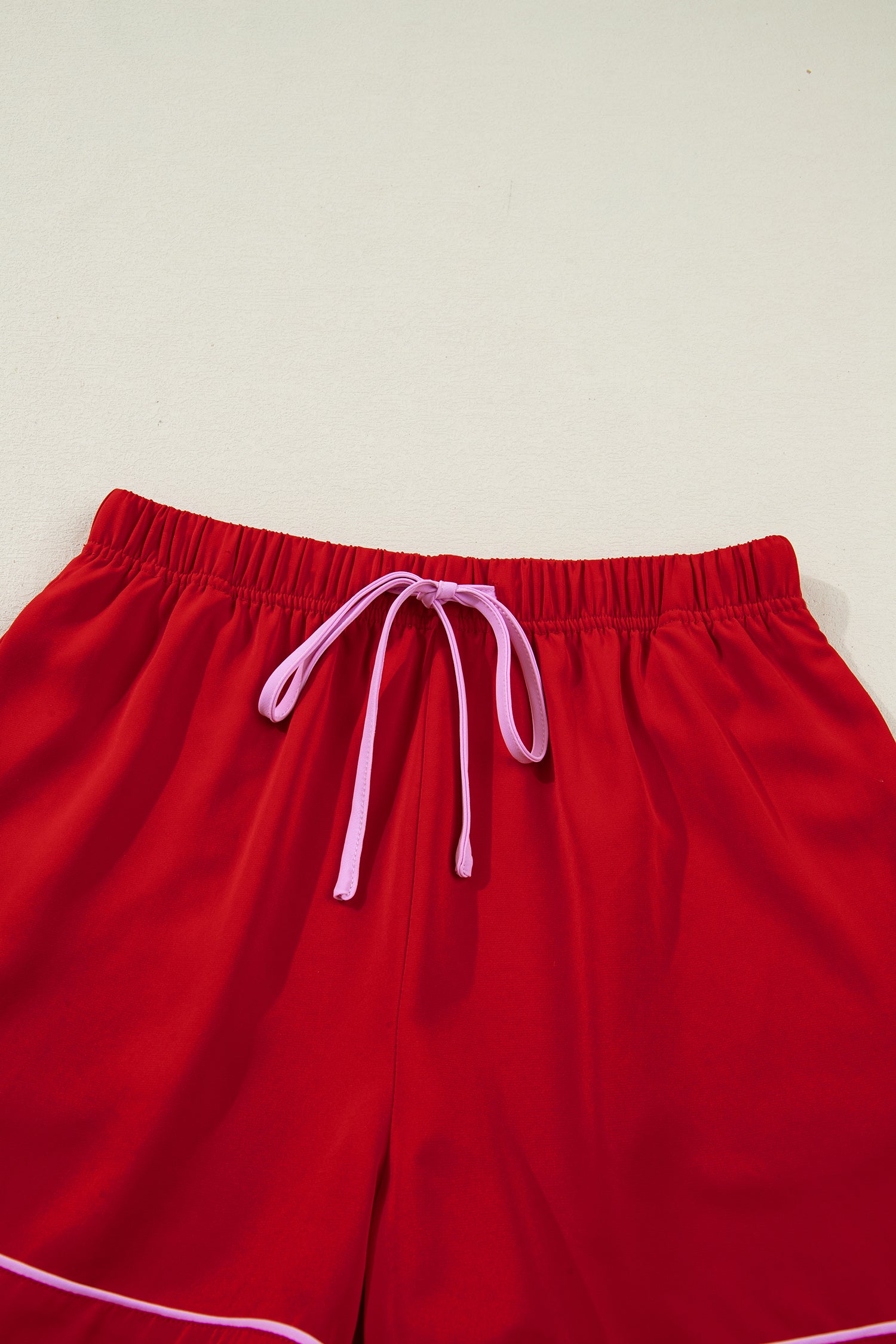 Fiery Red Contrast Trim Ribbon Bow Short Silky 2pcs Pyjama Set