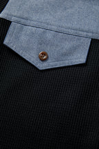 Black Waffle Knit Denim Color Block Patchwork Button Flap Polo Top