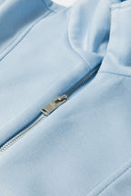Beau Blue Solid Color Half Zip Loose Short Sleeve Sweatshirt 2pcs Set