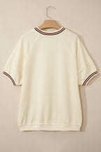 Beige Contrast Varsity Striped Neckline Cuffed Short Sleeve Loose Tunic Top