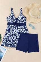 Blue Floral Print Patchwork Bow Knot Detail Sleeveless Swim Dress