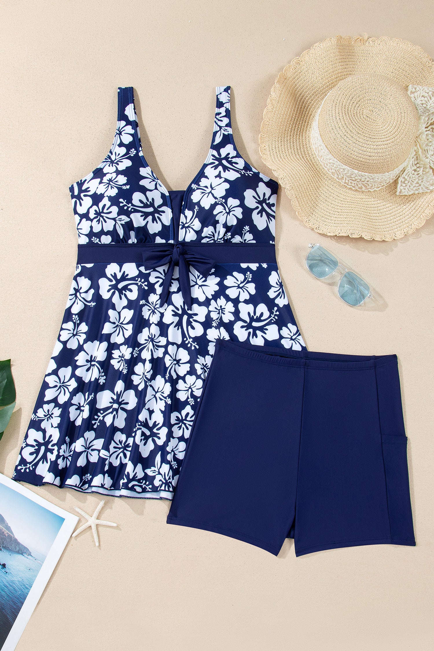 Blue Floral Print Patchwork Bow Knot Detail Sleeveless Swim Dress