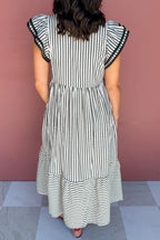 Striped Plus Size Slit V Neck Tiered Flutter Sleeve Maxi Dress