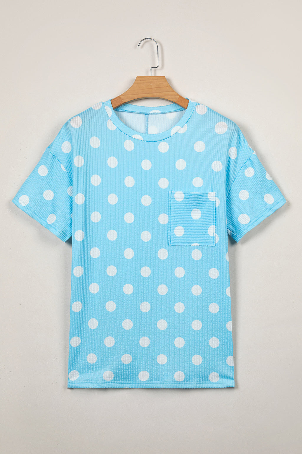 Polka Dot Round Neck Drop Shoulder Patch Pocket Jacquard Texture Top