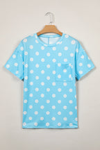 Polka Dot Round Neck Drop Shoulder Patch Pocket Jacquard Texture Top