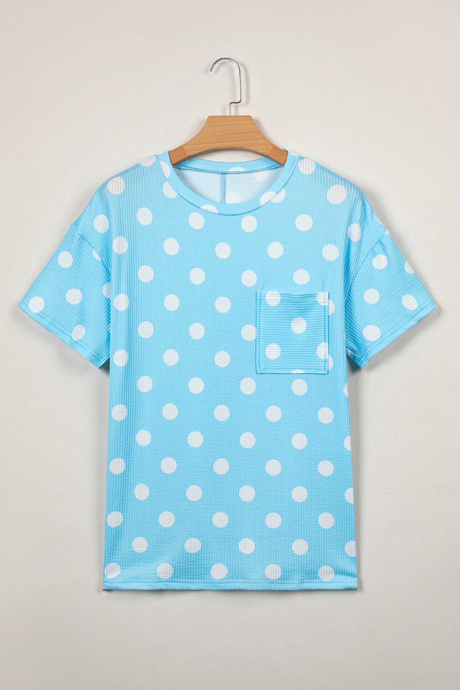 Polka Dot Round Neck Drop Shoulder Patch Pocket Jacquard Texture Top