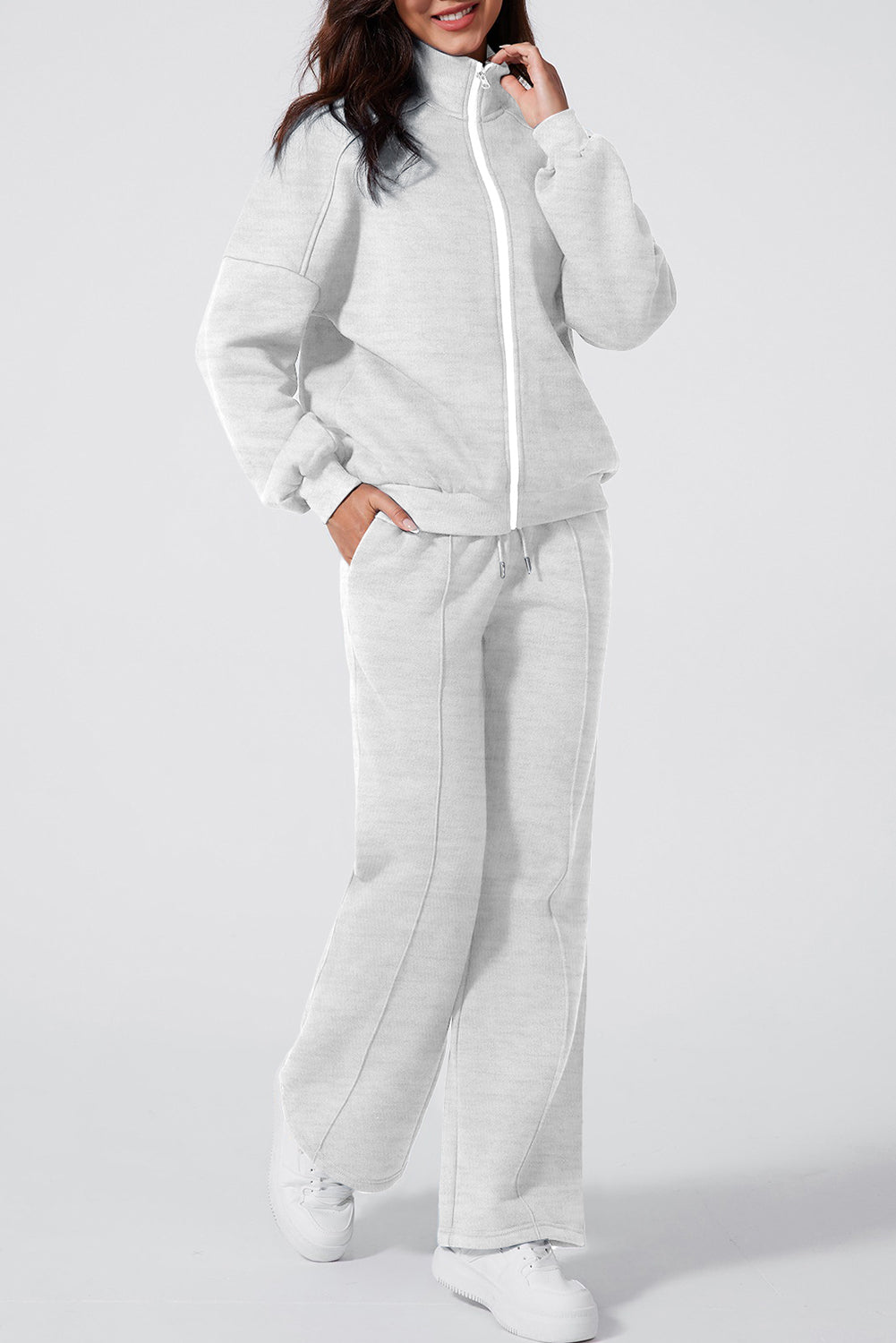 Drop Shoulder Zip Up Jacket Drawstring Pants Active 2pcs Set