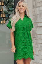 Green Solid Color Eyelet Embroidered T Shirt Mini Dress