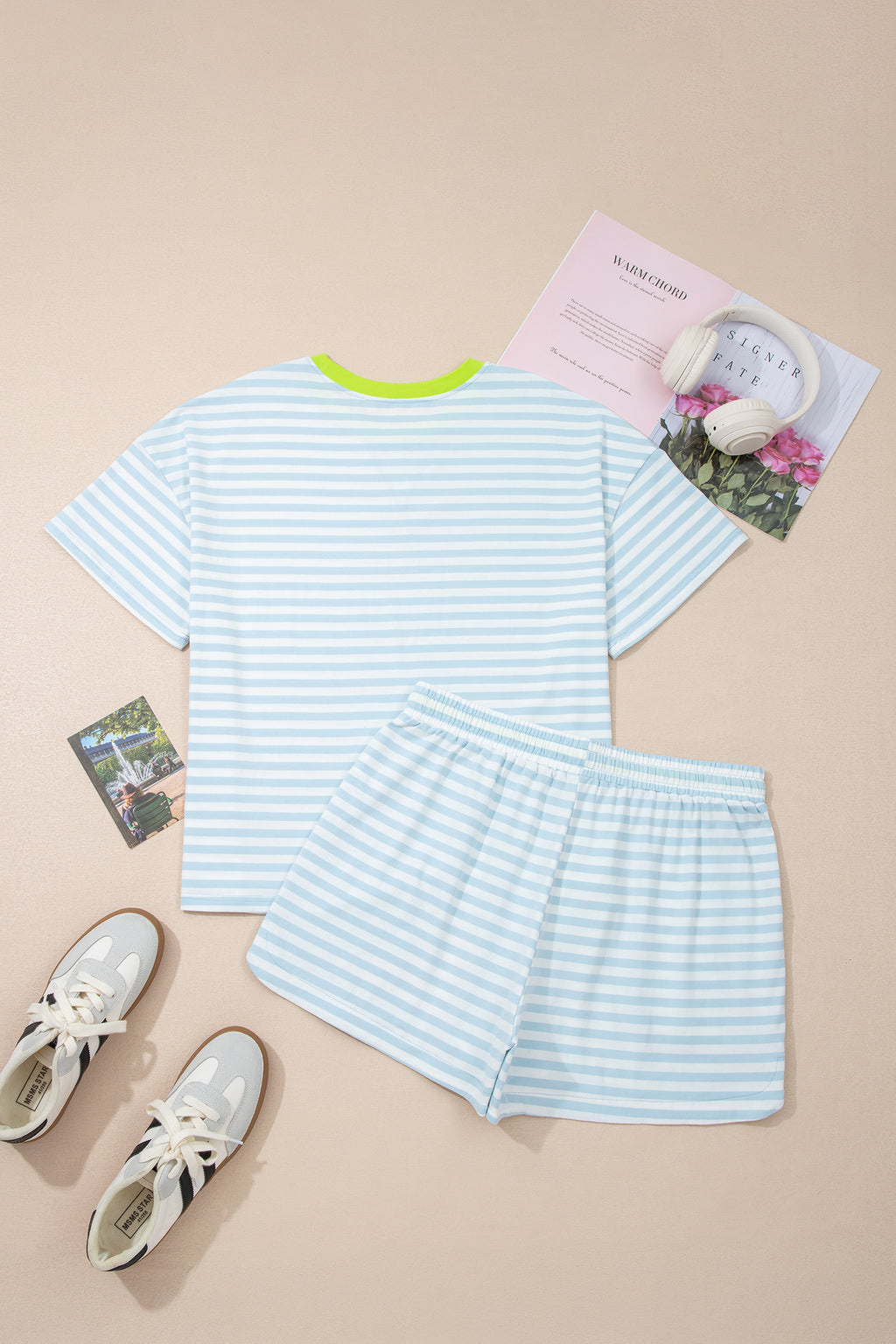 Striped Contrast Neck Loose Tee and Drawstring Shorts Set
