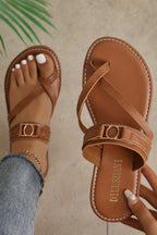 Chestnut Cross Toe Metal Buckle Leathered Flat Sandals