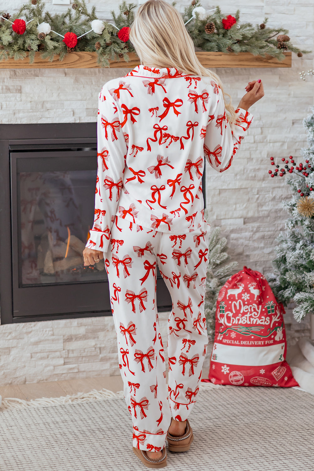 Red Christmas Bow Print Long 2pcs Pyjama Set