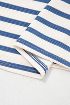 Striped Short Puff Sleeve Colour Block Polo Collar Blouse