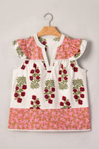 White Floral Print Contrast Striped Trim Flutter Cotton Blouse