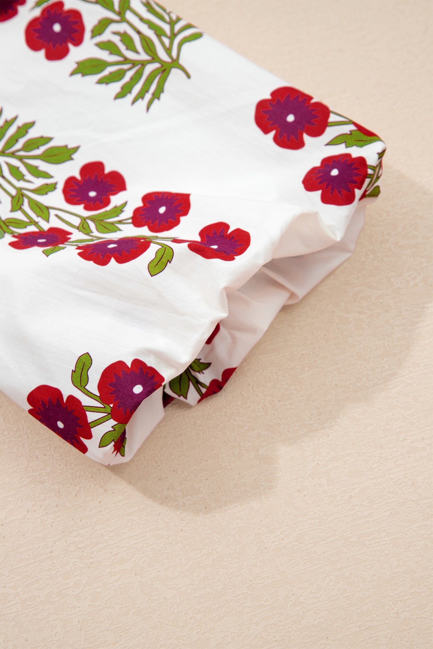 Floral Short Bubble Sleeve Contrast Slit Neckline Blouse