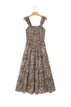 Brown Ruffled Straps Smocked Tiered Leopard Maxi Dress