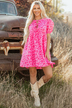 Rose Leopard Puff Sleeve Tie Front High Waist Mini Dress