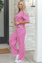 Checkered Print Half Sleeve Tee 2pcs Lounge Pant Set