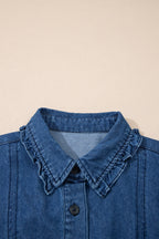 Sail Blue Ruffled Edge Collared Shift Denim Dress with Pockets