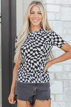 Black Checkered Print Mock Neck Mesh T Shirt
