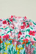 Sky Blue Floral Print Split Neck Button Front Flutter Sleeve Blouse