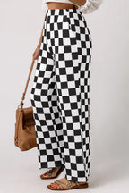 2-Tone Checked Print High Waist Wide Leg Pants