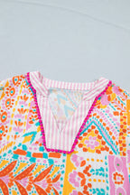 Rose Boho Mixed Print Contrast Trim Striped Patchwork Tiered Short Sleeve Blouse